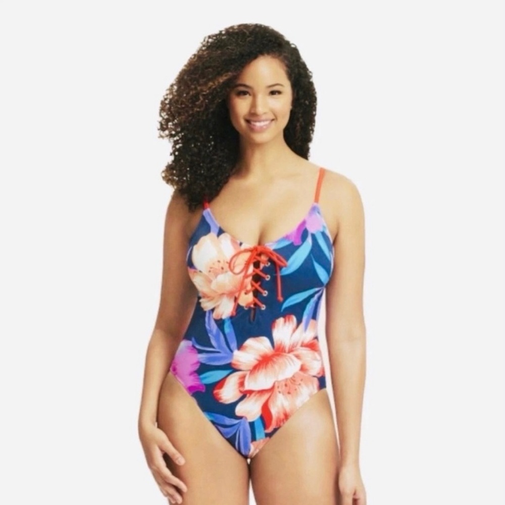 Floral Lace-Up One-Piece Swimsuit - Navy with Coral & Purple Flowers XL